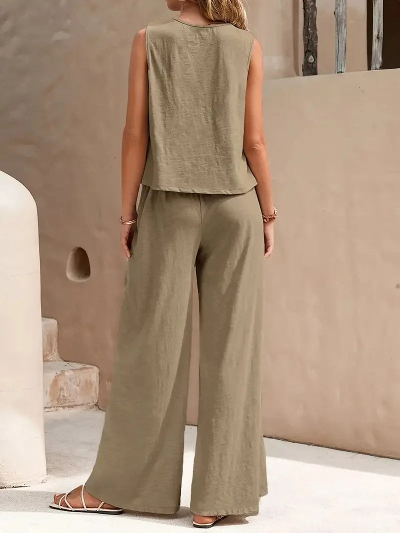 Ticotrendy: Conjunto Elegante de Pantalón y Top Sin Mangas | Color Sólido Verano 2025