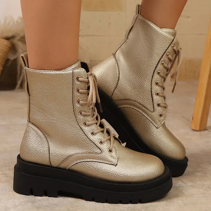Botines Dorados de Plataforma | Cuña y Cordones | Mujer