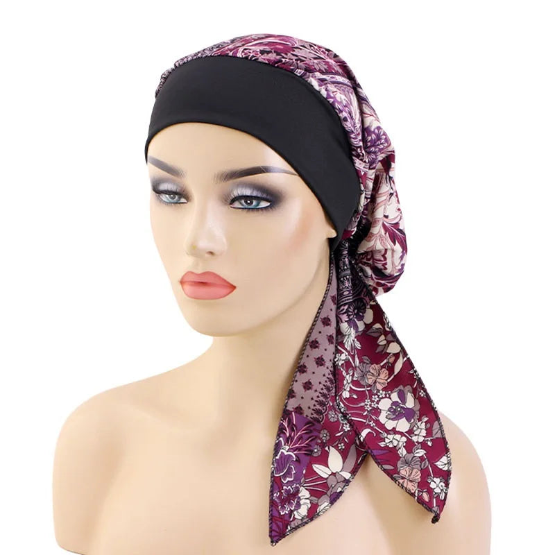 Nuevo pañuelo para la cabeza con estampado satinado para mujer, turbante musulmán elástico preatado, gorro para dormir para quimioterapia, cubierta para la pérdida de cabello, pañuelo para la cabeza