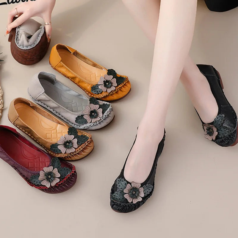 Mocasines Planos Florales de Cuero Genuino | Hechos a Mano | Talla 41 | Estilo Retro