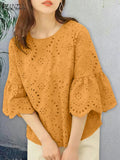 Blusa Bohemia Encaje Crochet Manga Tres Cuartos Estilo Patchwork Mujer
