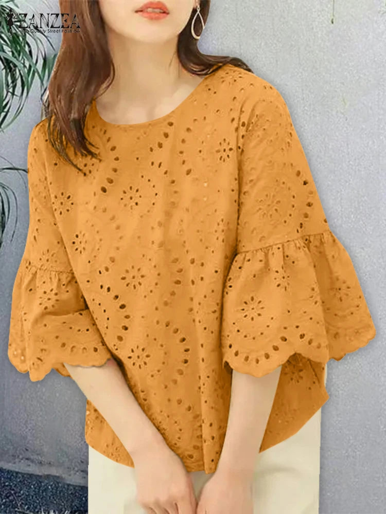Blusa Bohemia Encaje Crochet Manga Tres Cuartos Estilo Patchwork Mujer