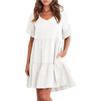 Vestido Midi de Playa | Algodón Liso Cuello V | Mangas Cortas con Volantes | Tico Trendy