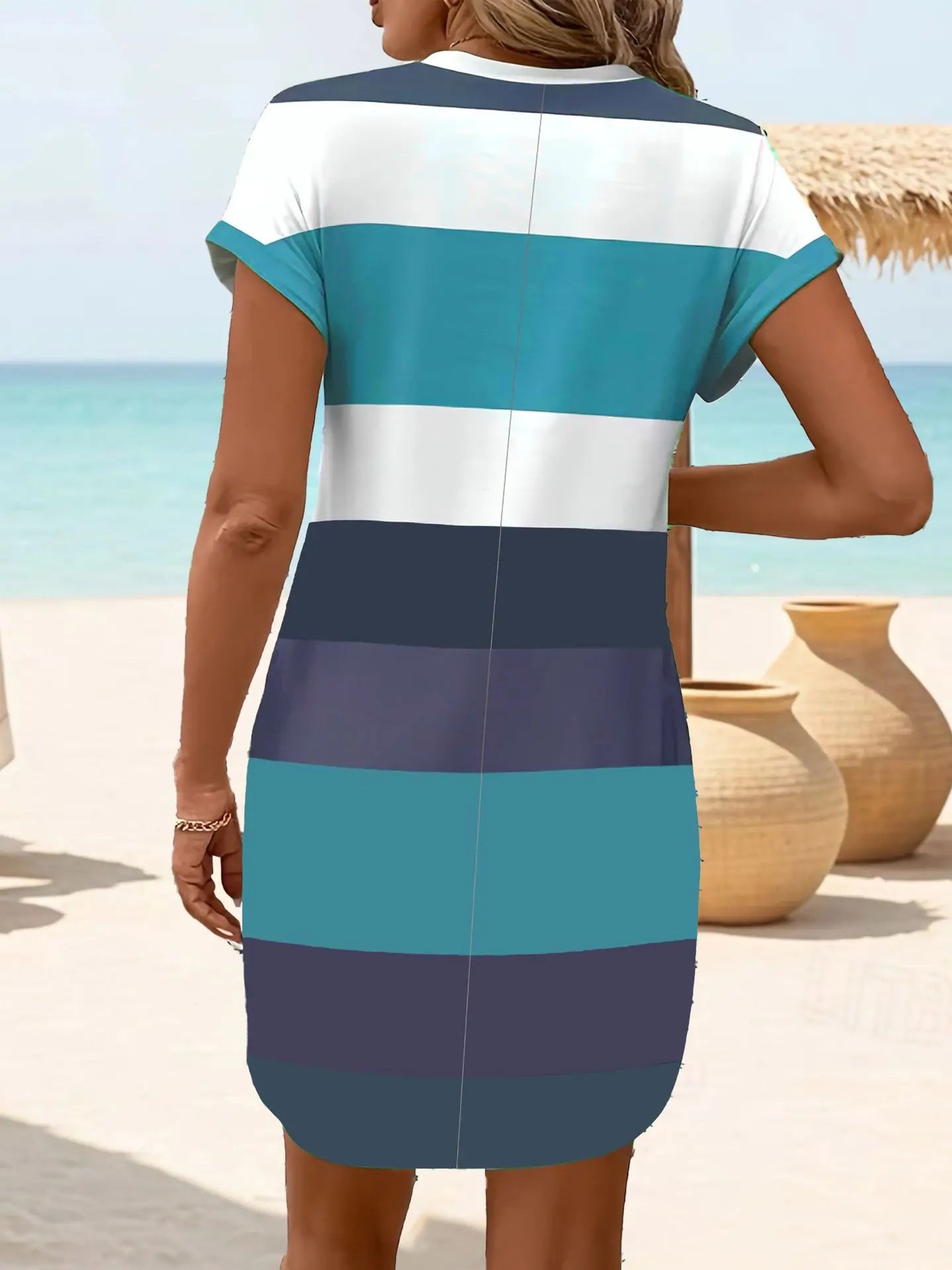 Minivestido Rayas para Mujer | Manga Corta con Bolsillos | Jersey Informal Talla Grande | Tico Trendy