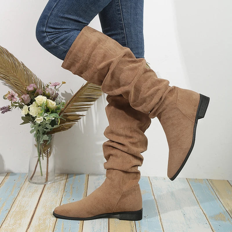 Botas Hasta La Rodilla Gamuza Vintage Tacón Grueso Tica Elegante