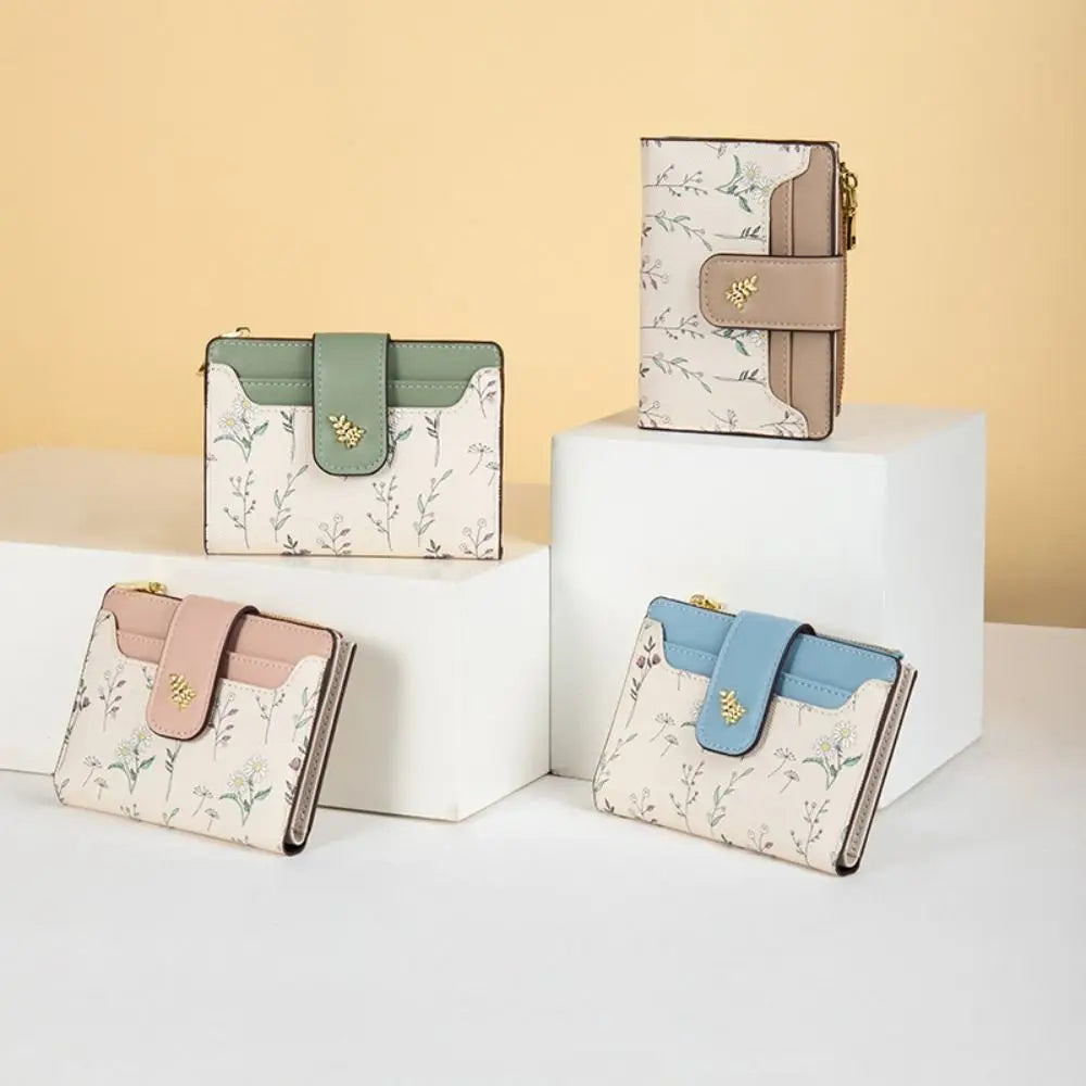 Cartera corta de cuero PU a la moda para mujer, tarjetero con cerrojo y flores pequeñas, cartera pequeña delgada, monedero multitarjetas para niña