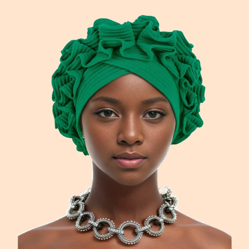 Gorro Turbante con Volantes para Mujer, Color Sólido