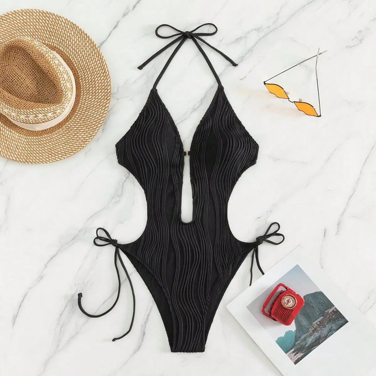 Traje de Baño Una Pieza | Cuello Halter y Lazo Lateral | Monocromático | Verano