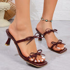 Sandalias Mula Tacón Fino Alto Lazo Decorativo | Punta Cuadrada Elegante Moda