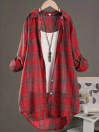 Camisa Algodón Lino Cuadros Plus Size | Holgada Manga Media Largo Midi | Tallas 1XL-5XL | Tico Trendy