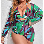 Conjunto de Bikinis de Malla Estampados de Tres Piezas | Traje de Baño de Talla Grande para Playa
