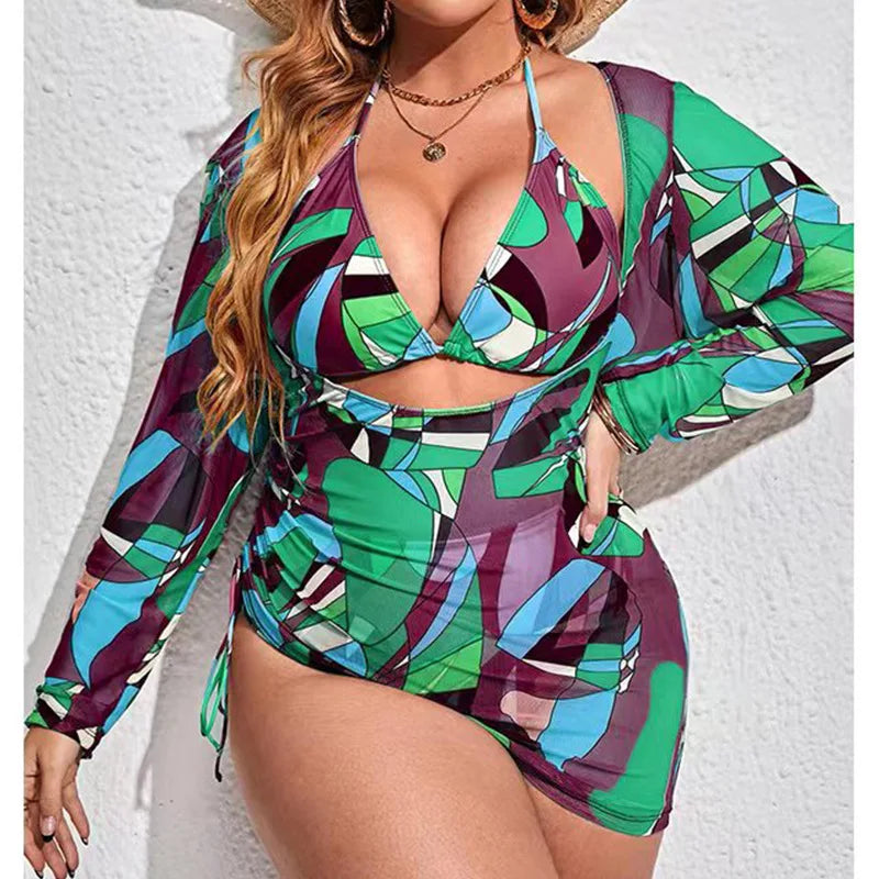 Conjunto de Bikinis de Malla Estampados de Tres Piezas | Traje de Baño de Talla Grande para Playa