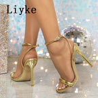 Sandalias  Gladiador 2025 | Tacón Stiletto Dorado | Hebilla Tobillo | Punta Cuadrada | Fiesta