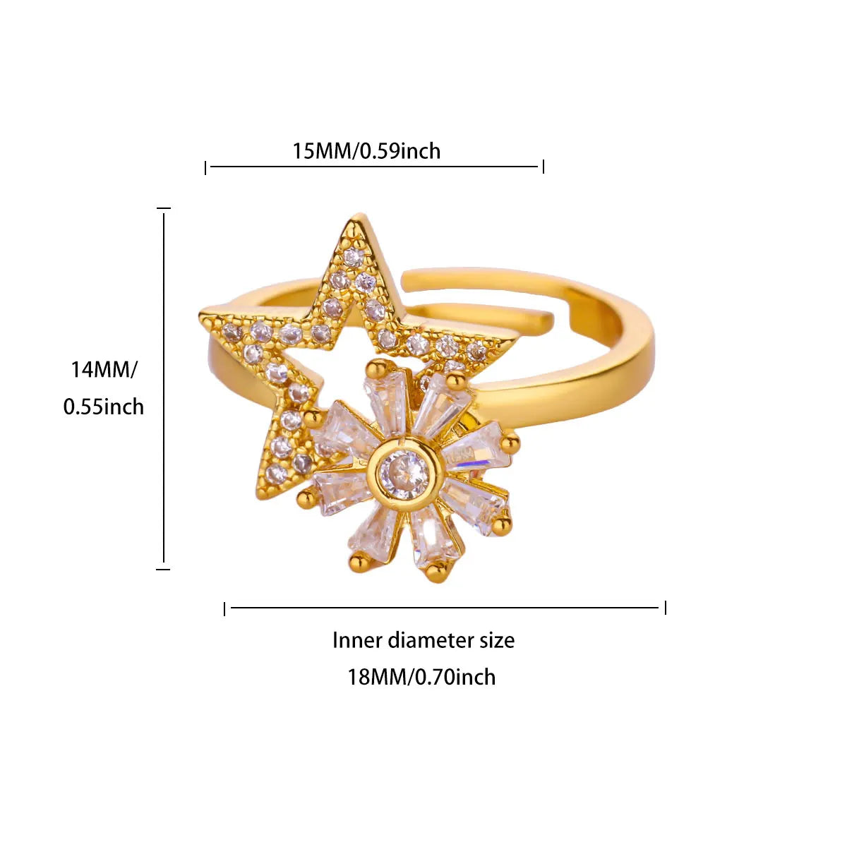Anillo Ticotrendy Giratorio | Molino Flor Estrella Circón | Acero Inox Oro | Joyería Boda