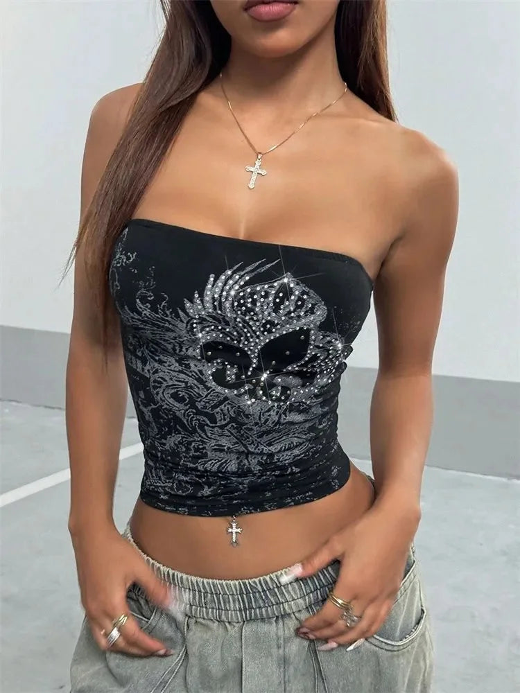 Top corto con diamantes de imitación para mujer, Top gótico Sexy con hombros descubiertos, Top de tubo estampado, ropa de calle Y2K