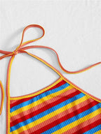 Top Halter a rayas de punto acanalado de arcoíris para mujer, ropa Sexy de verano Y2K, moda coreana, Top corto sin mangas con espalda descubierta, ropa de calle 2023