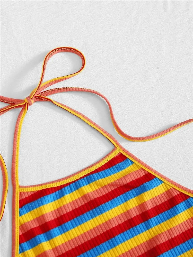 Top Halter a rayas de punto acanalado de arcoíris para mujer, ropa Sexy de verano Y2K, moda coreana, Top corto sin mangas con espalda descubierta, ropa de calle 2023