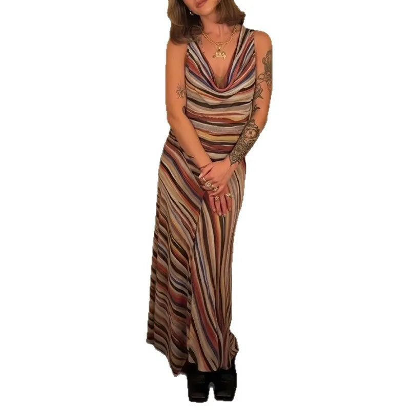 Vestido de Fiesta Rayas Onduladas Cintura Ajustada