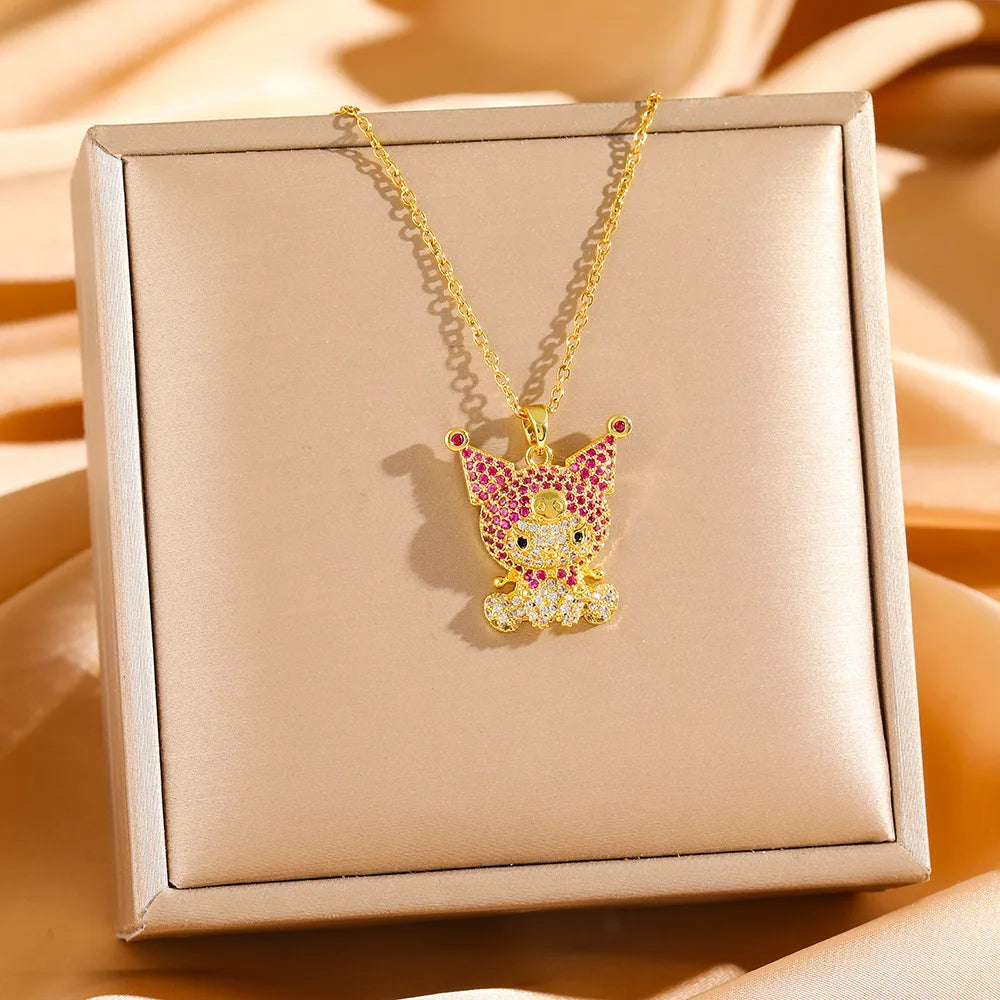 Cadena de acero inoxidable Sanrio lindo Hello Kitty Kuromi collares con colgante de circón brillante para mujeres niñas joyería de moda de Color dorado