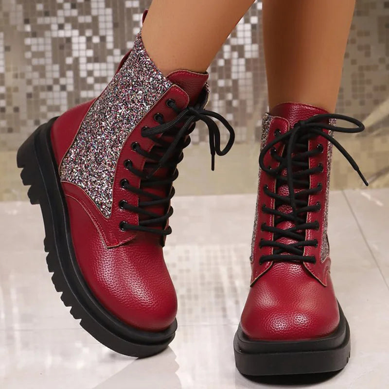 Botines Retro Rojos Brillantes | Plataforma | Estilo Urbano Casual