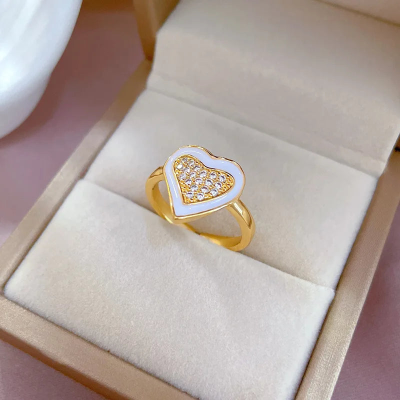 Anillo de corazón de circón de esmalte blanco exagerado chapado en oro de 18 quilates para mujer, anillo de cobre abierto ajustable, regalos de joyería para amigos