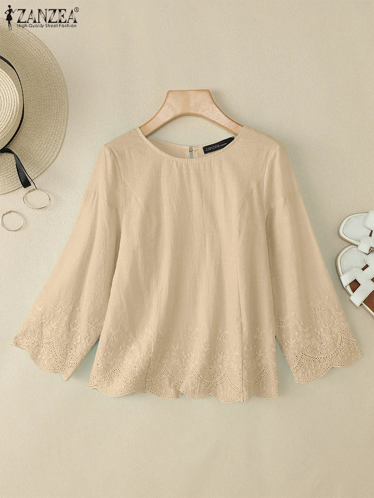 Blusa de Verano para Mujer | Encaje y Retazos Bordados | Cuello Redondo | Ticotrendy