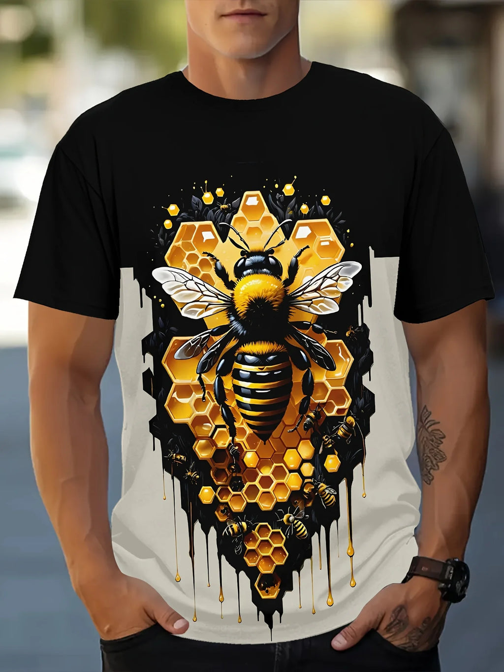 Camiseta Hombre Verano Jersey Estampado Abeja | Manga Corta Cuello Redondo Secado Rápido