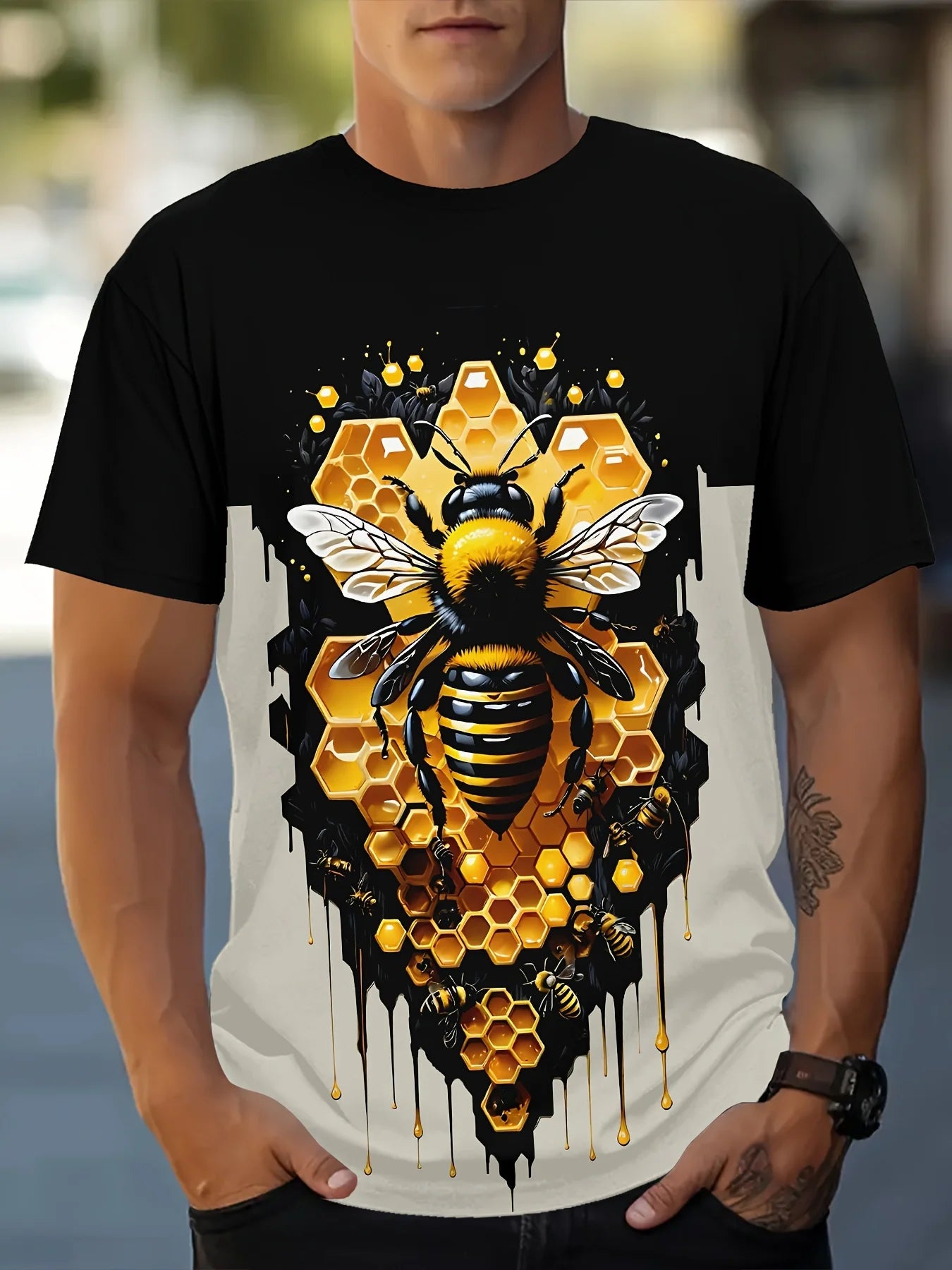 Camiseta Hombre Verano Jersey Estampado Abeja | Manga Corta Cuello Redondo Secado Rápido