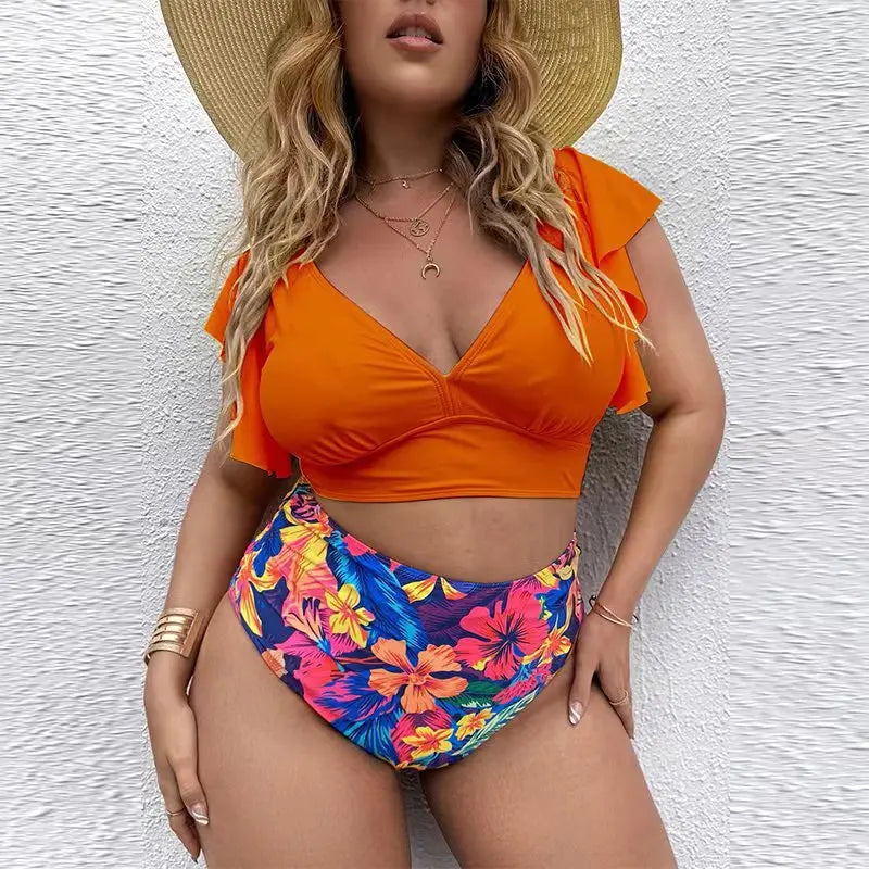 Bikini de Talla Grande con Volantes - Estampado y Tiro Alto para Playa