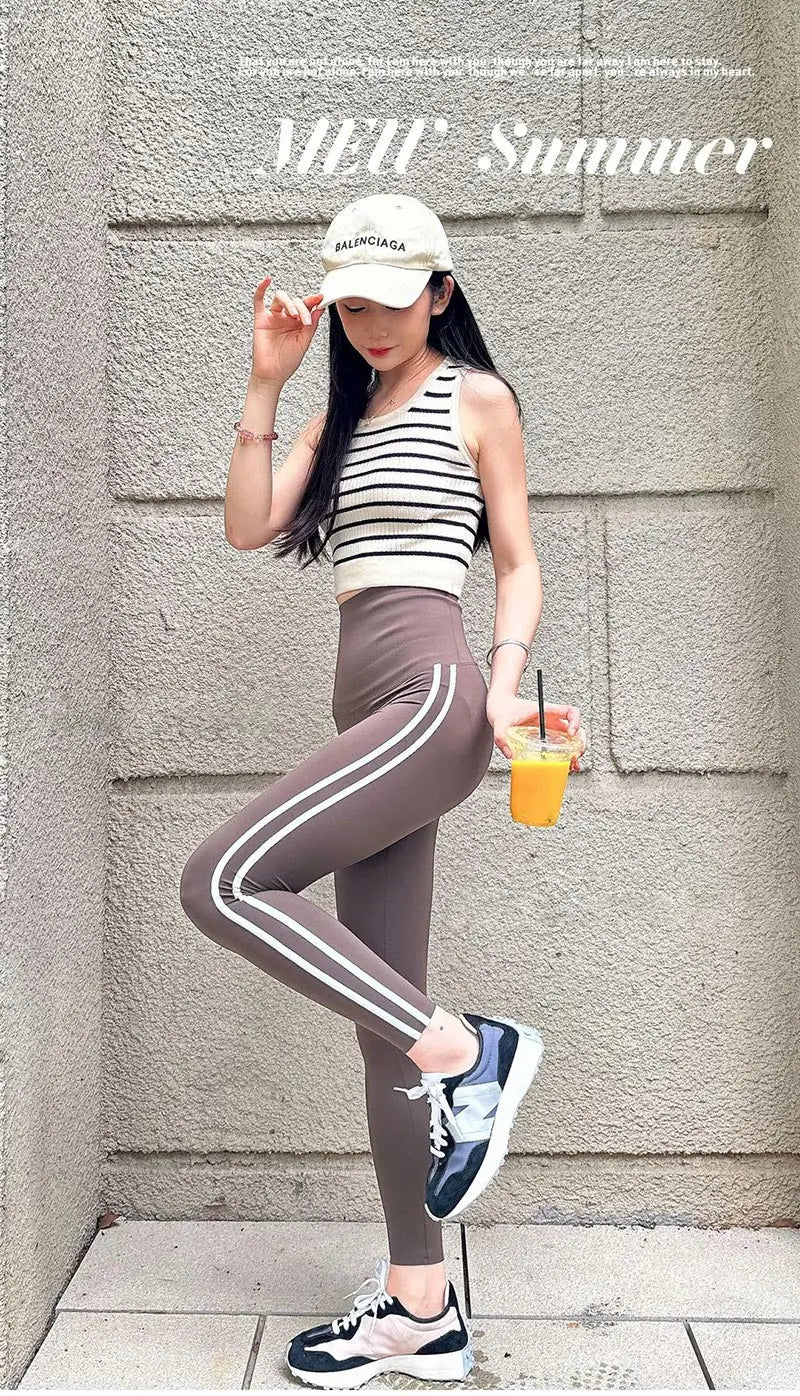 Leggings Piel Tiburón Raya Lateral | Cintura Alta Ajustado Casual | Mallas Deportivas PV | Ticotrendy