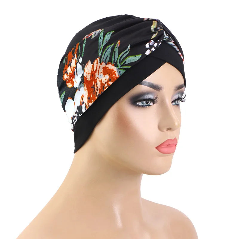 Nuevo turbante con estampado Floral y nudo torcido para mujer musulmana, Hijab, gorro para quimio, gorro elástico indio para mujer, pañuelo para la cabeza, gorro para la pérdida de cabello
