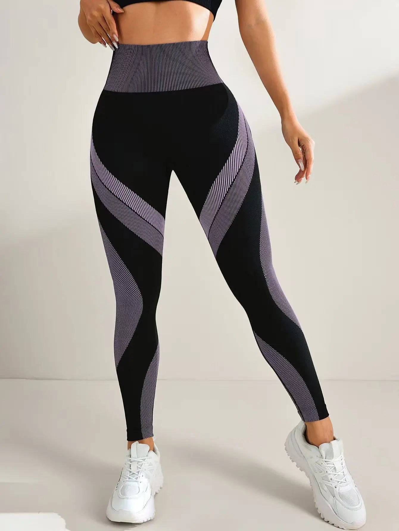 VEQKING Pantalones de yoga sin costuras para mujer, leggings deportivos con contraste de color, cintura alta, pantalones ajustados para gimnasio y Fitness, pantalones de entrenamiento de secado rápido para correr