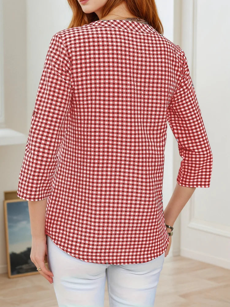 Blusa a Cuadros Finos | Cuello en V | Talla Grande | Tico Trendy