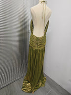Vestido Largo Dorado Halter Plisado Sexy Club | Abertura Alta Sin Mangas Camisola