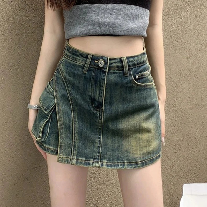 Falda Mini Vaquera Acampanada Estilo Retro Y2K | Cintura Imperio Bolsillos