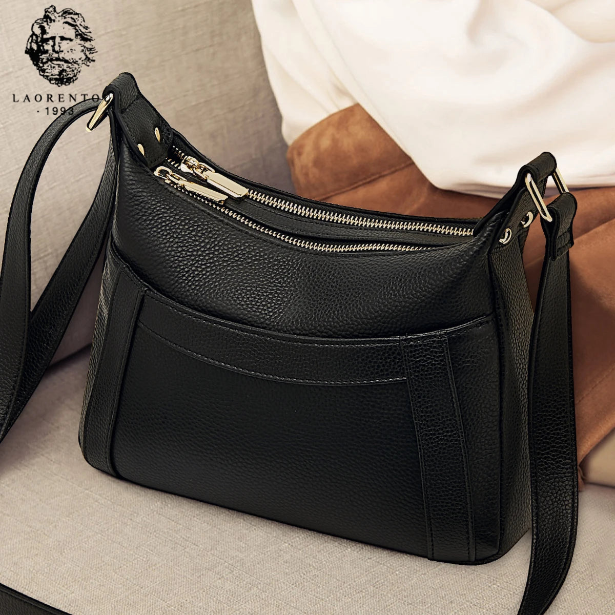 LAORENTOU bolso de hombro de cuero genuino para mujer 2025 nuevo bolso cruzado de cuero suave de gran capacidad a la moda para mamá