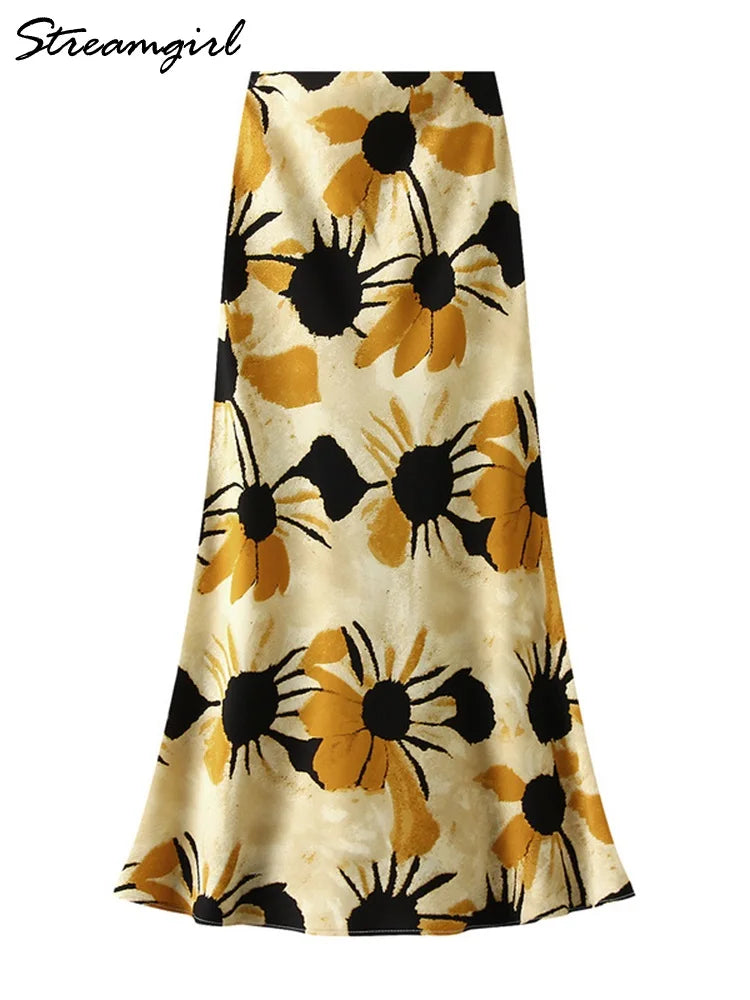 Falda Vintage de Satén | Estampado Floral Elegante