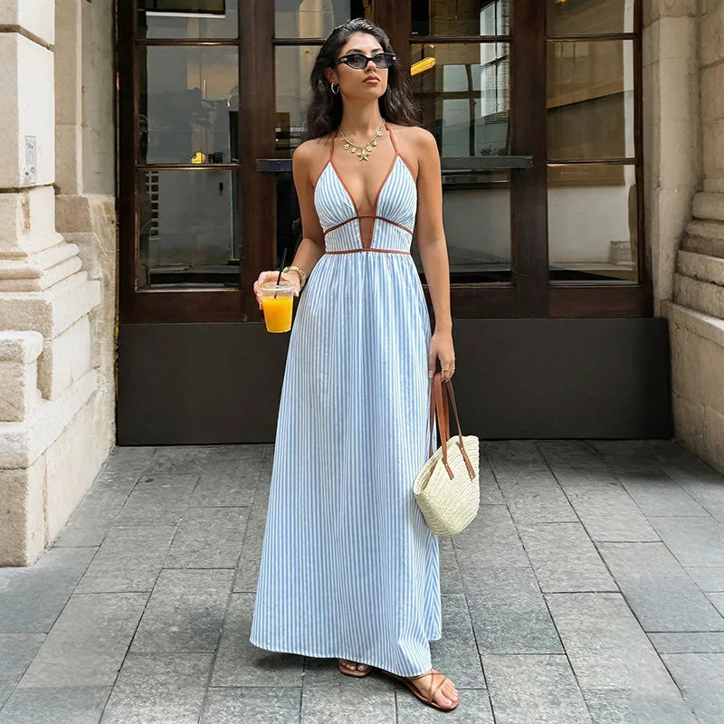 Vestido Halter Rayado Espalda Descubierta
