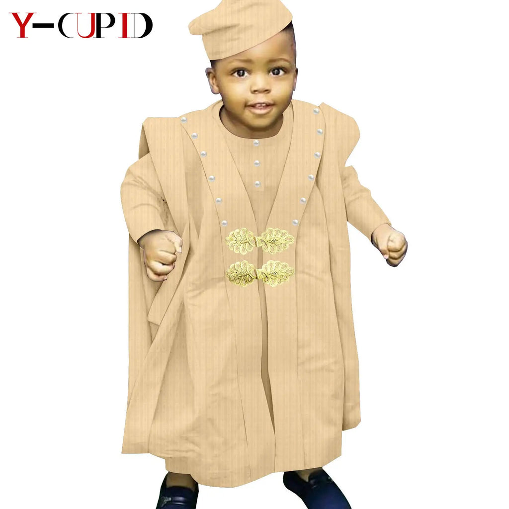 Traje africano Bazin Riche para niño, conjuntos de 4 piezas, camiseta, pantalón, batas y gorro, ropa de exterior Agbada, Y234017