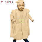 Traje africano Bazin Riche para niño, conjuntos de 4 piezas, camiseta, pantalón, batas y gorro, ropa de exterior Agbada, Y234017