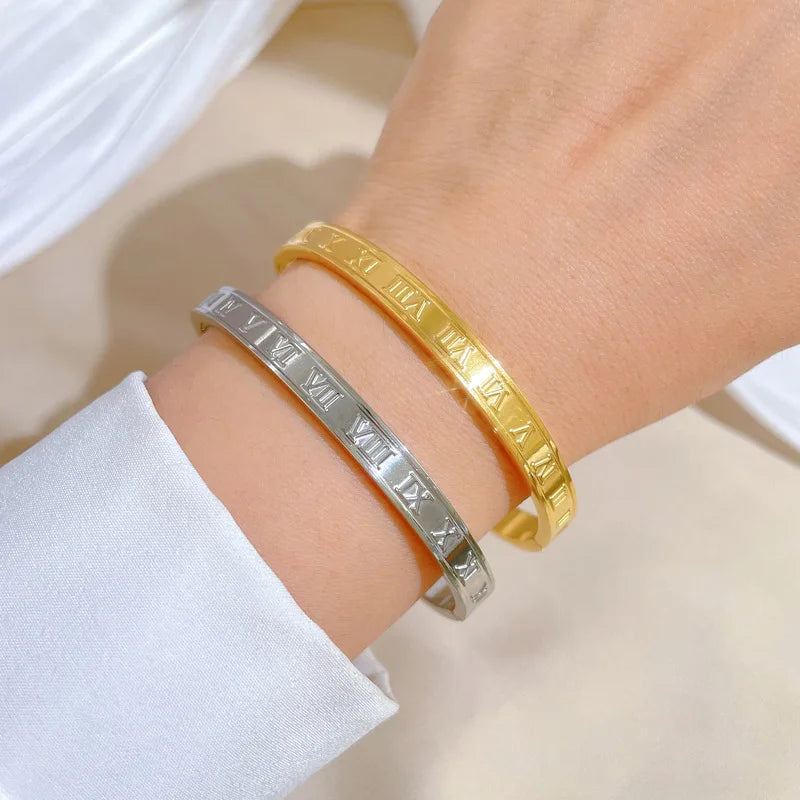 Brazaletes de números romanos de acero inoxidable Vintage de lujo para mujeres y niñas Color dorado y plateado puede abrir accesorios de pulsera regalos