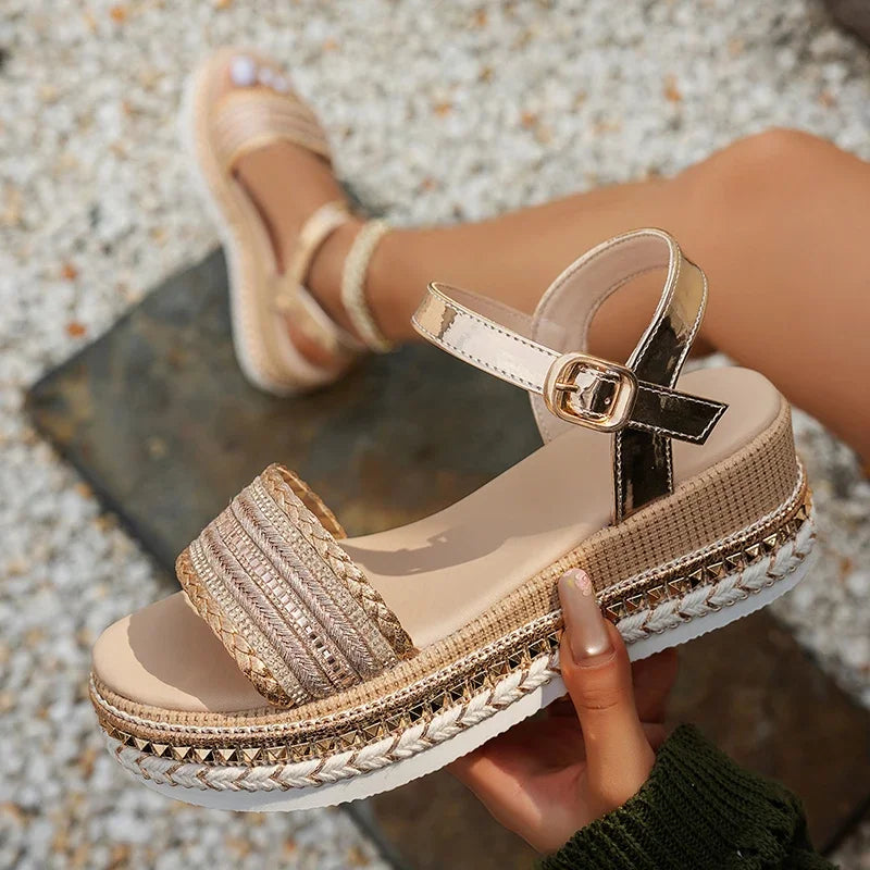 Sandalias de Cuña para Mujer | Plataforma Dorada | Detalles de Cristal