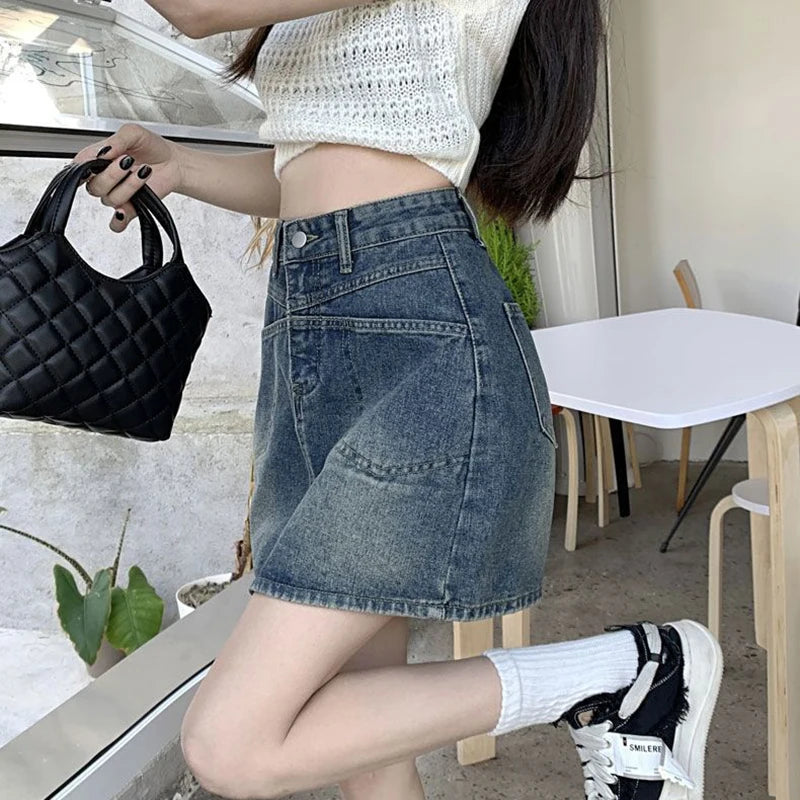 Falda Mini Vaquera Acampanada Cintura Alta | Estilo Coreano Casual Bolsillos