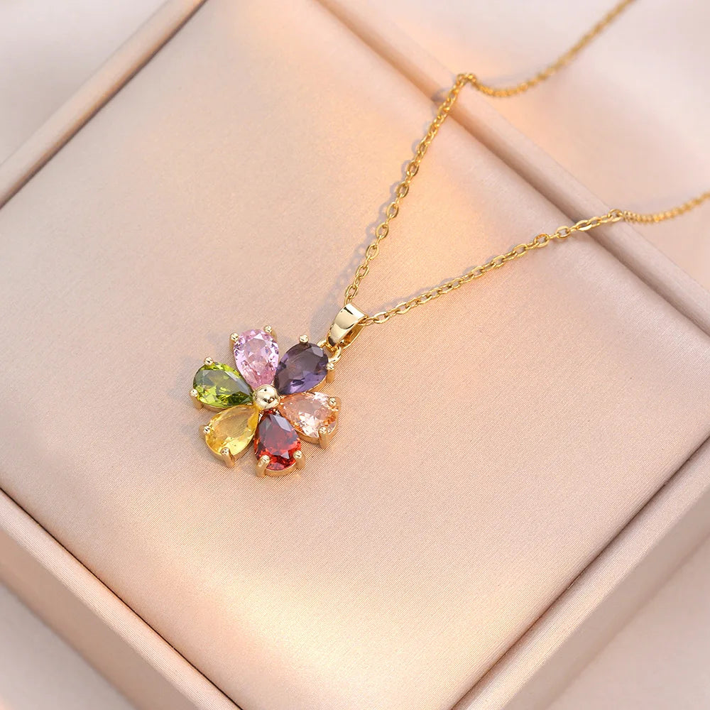 Collar Flor Circón ∣ Acero Inoxidable Clásico ∣ Joyas Vintage Mujer Niña