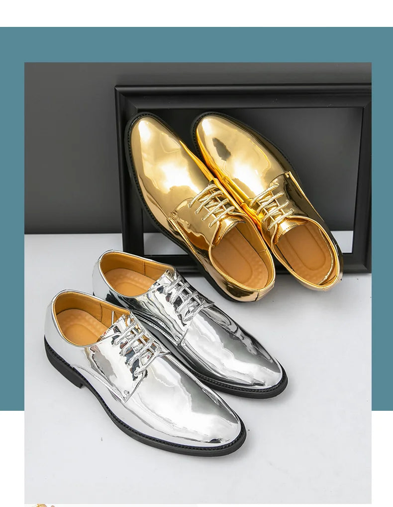 Zapatos Hombre Charol Plateados Lujo Boda Fiesta Punta Puntiaguda | Talla Grande