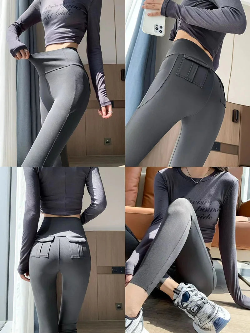 Leggings Piel Tiburón Cargo | Cintura Alta Elástico Sexy | Bolsillo Fitness Deporte PV | Ticotrendy