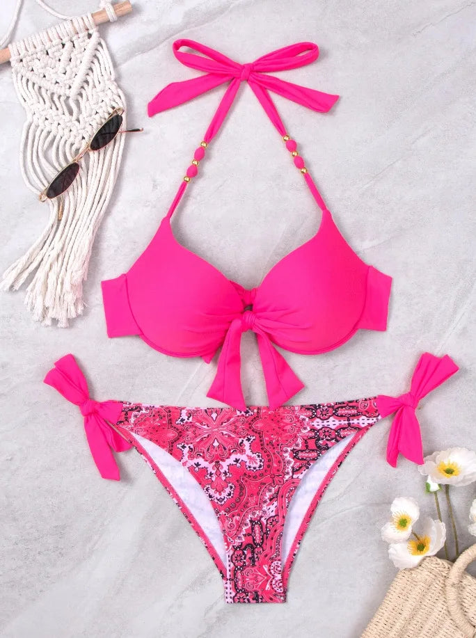 Bikini de Neón con Lazo Lateral y Estampado de Cachemira Push Up