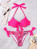 Bikini de Neón con Lazo Lateral y Estampado de Cachemira Push Up