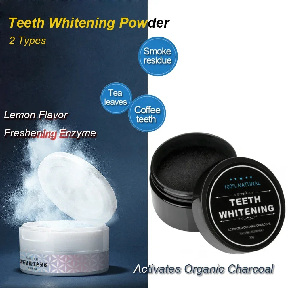 2 tipos de polvo para blanquear los dientes, carbón orgánico activado Natural, sabor a limón, polvo de enzimas para el aliento fresco, higiene bucal Dental