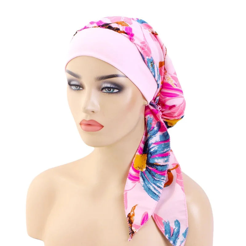 Nuevo pañuelo para la cabeza con estampado satinado para mujer, turbante musulmán elástico preatado, gorro para dormir para quimioterapia, cubierta para la pérdida de cabello, pañuelo para la cabeza